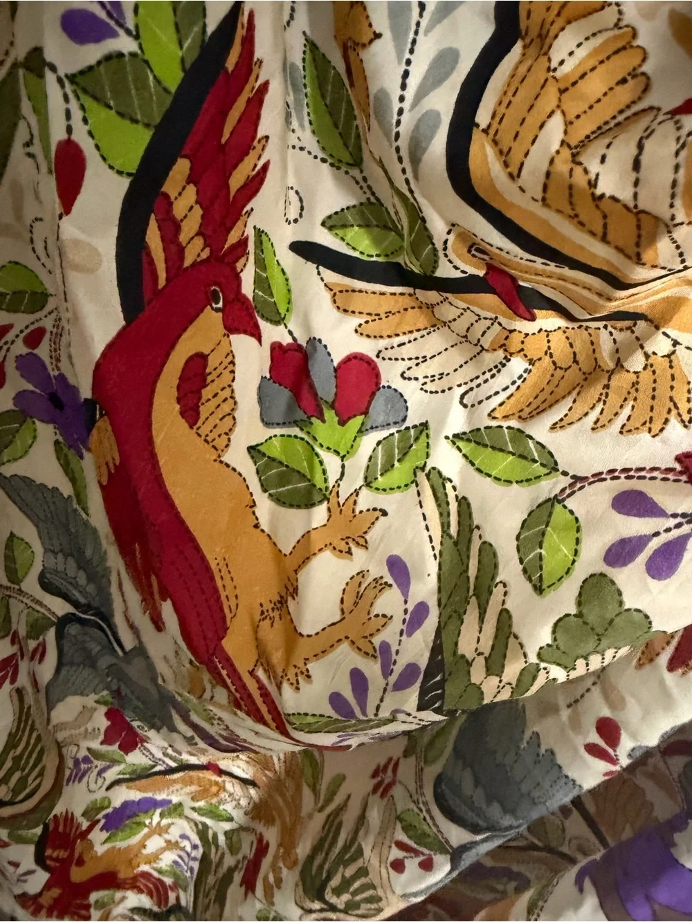 Tolani Cream Shawl with Multicolor Floral & Bird Embroidery